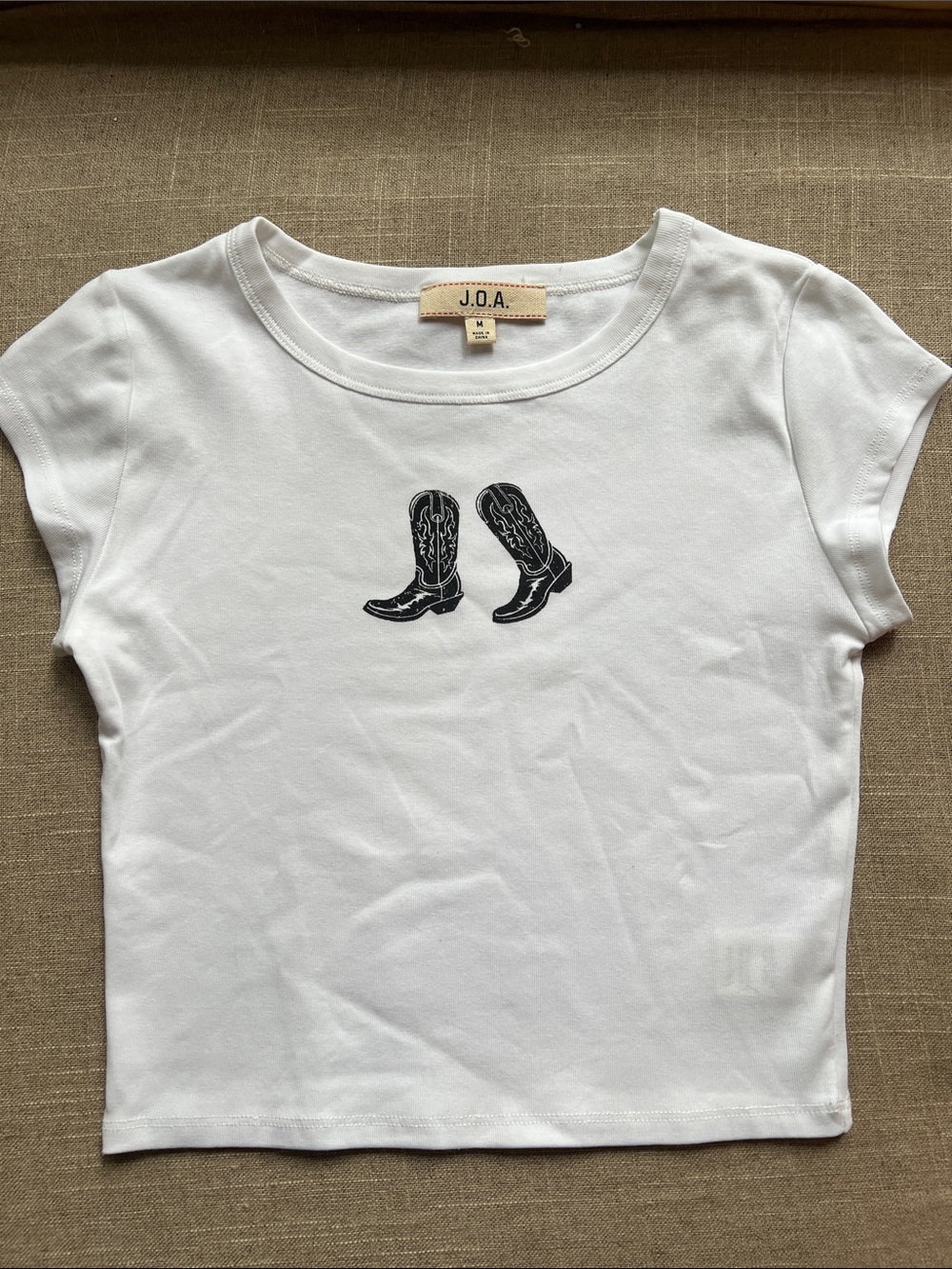 J.O.A. White Crop Top with Black Cowboy Boot Graphic
